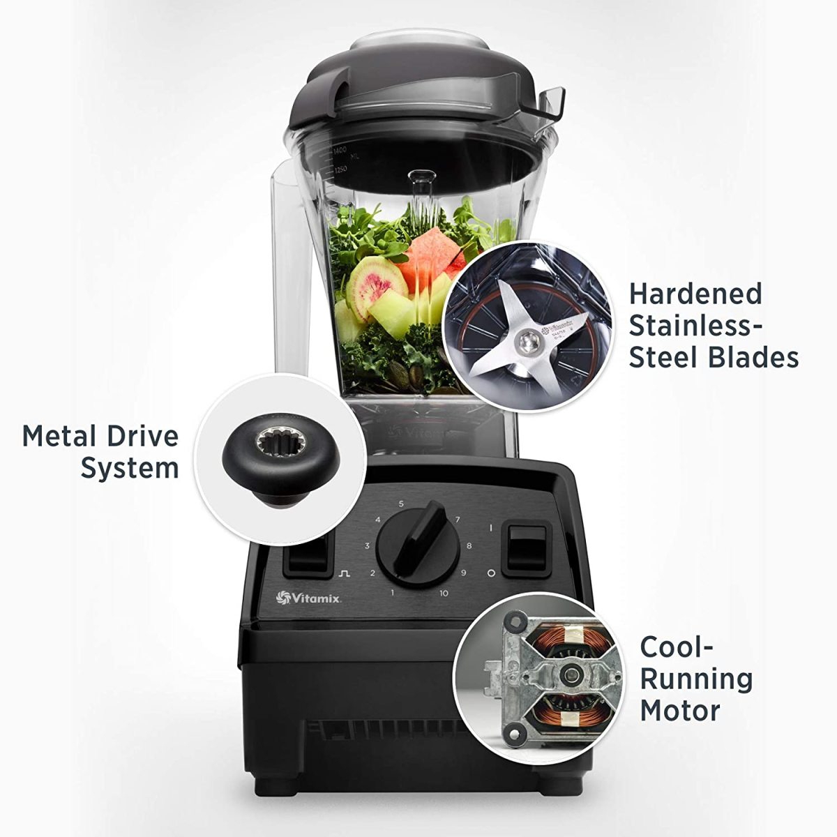 Vitamix E310 blender on base: metal drive system, cool-running motor and harden stainless steel blades