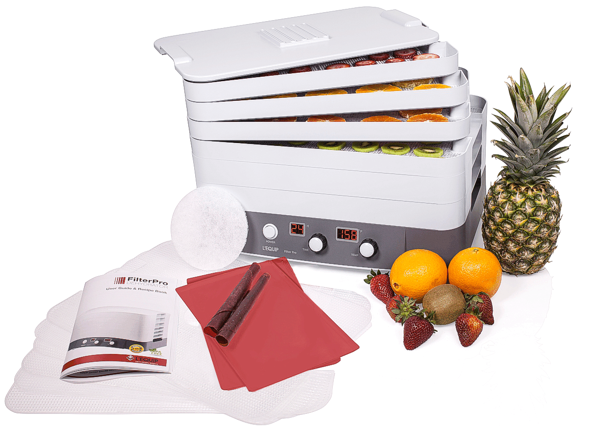 The Filter Pro dehydrator with fruit and manual.