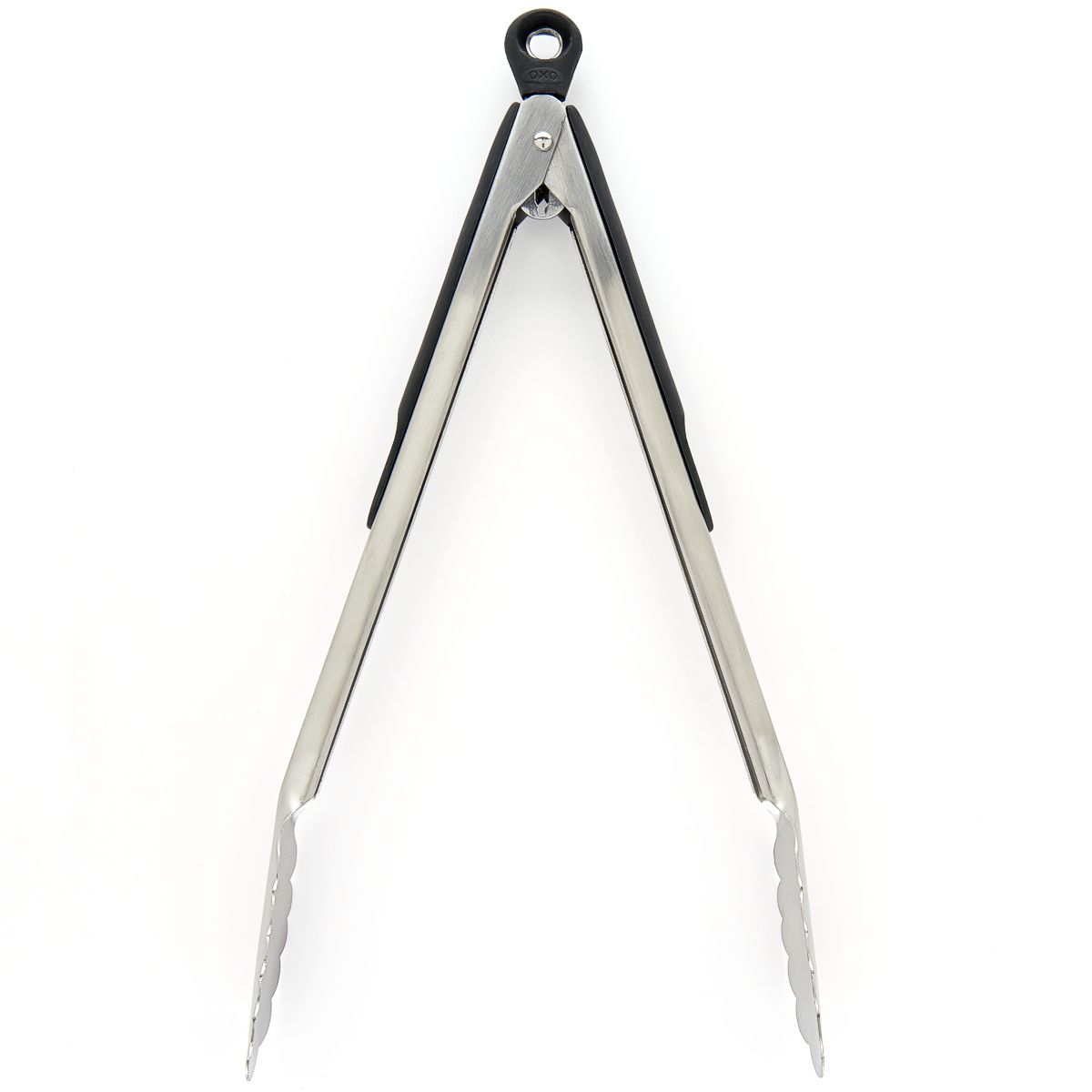 OXO Good Grips 12 inch stainless steel locking tongs in the open position.