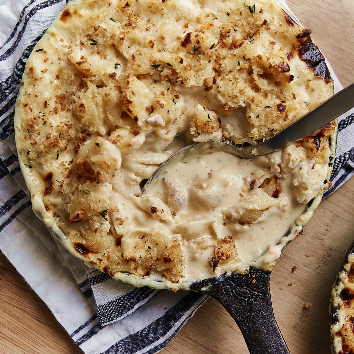 Homemade mac and cheese in Smithey cast iron skillet