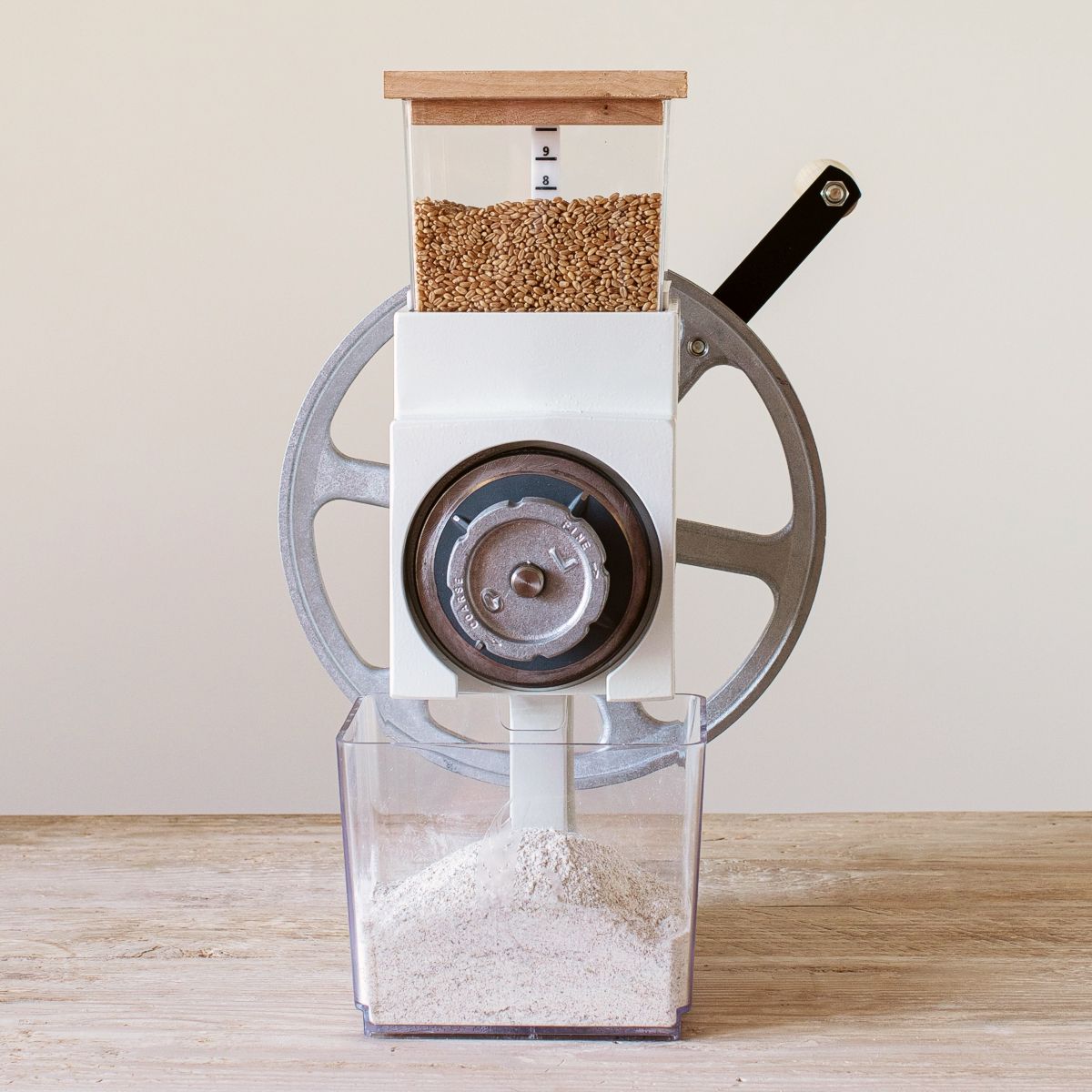 Flour bin under Country Living Mill with optional accessories