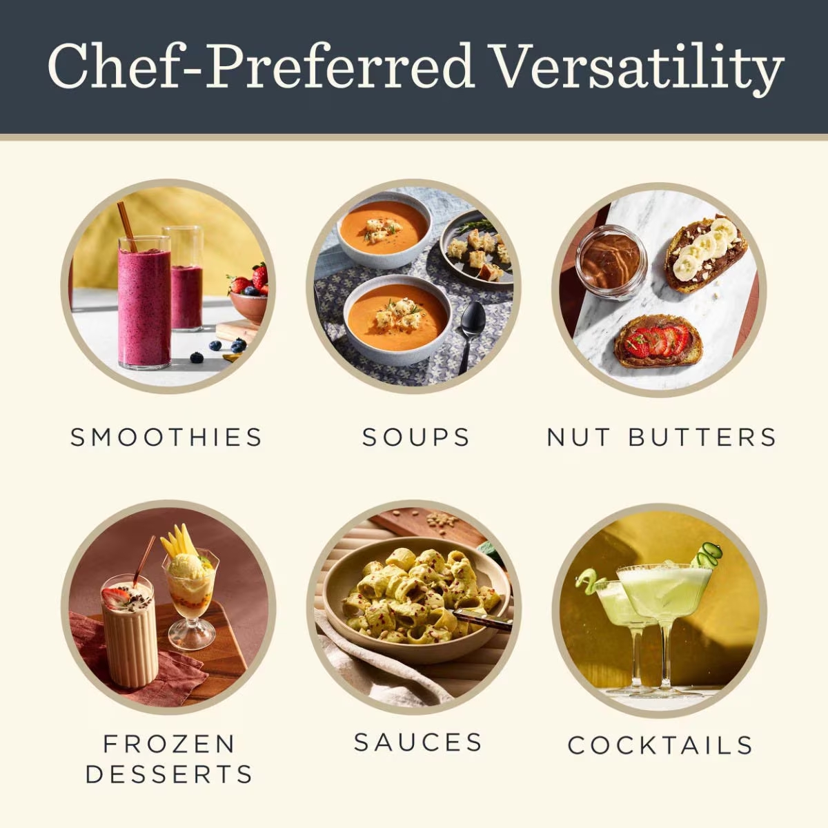 Use Vitamix to make smoothies, soups, nut btters, frozen desserts, sauces and cocktails