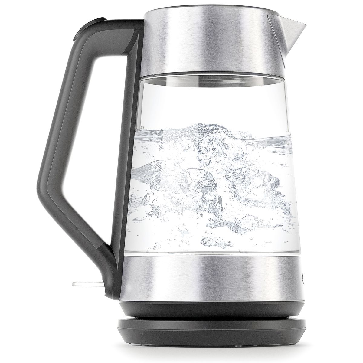 OXO ON cordless glass electric kettle boiling water on electric base.