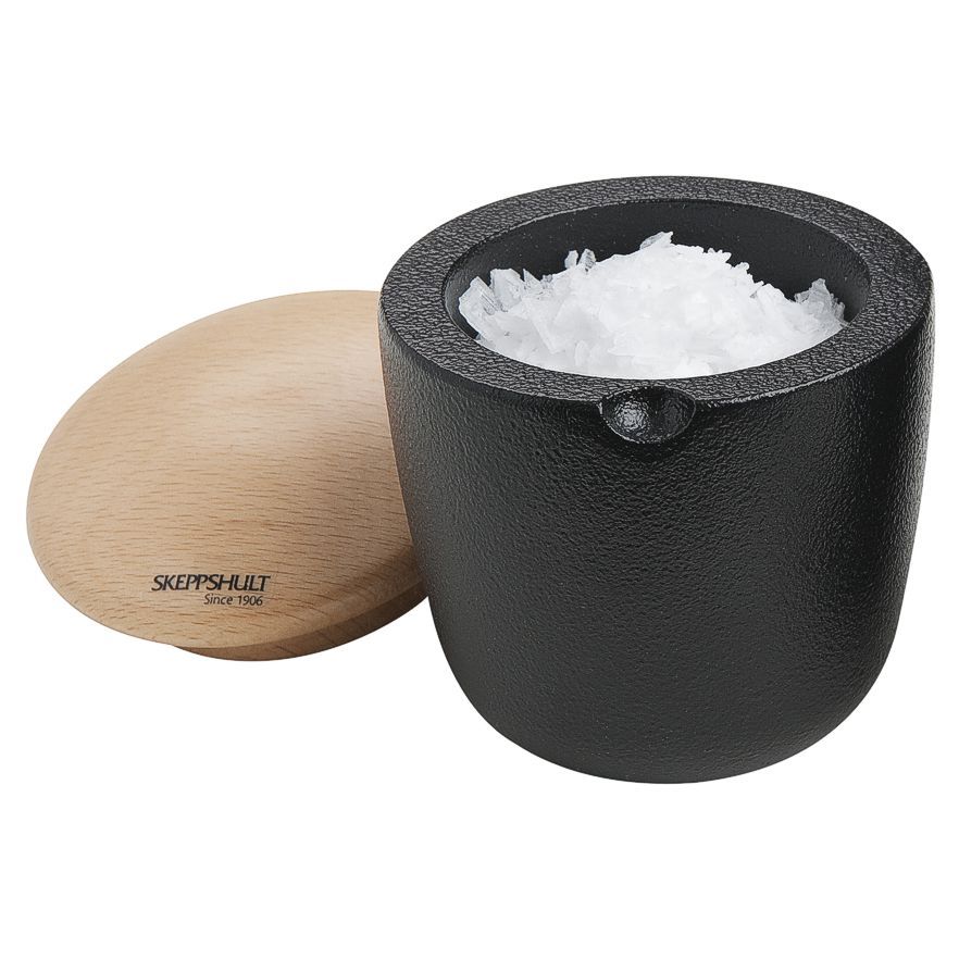 Cast iron salt keeper with beechwood lid
