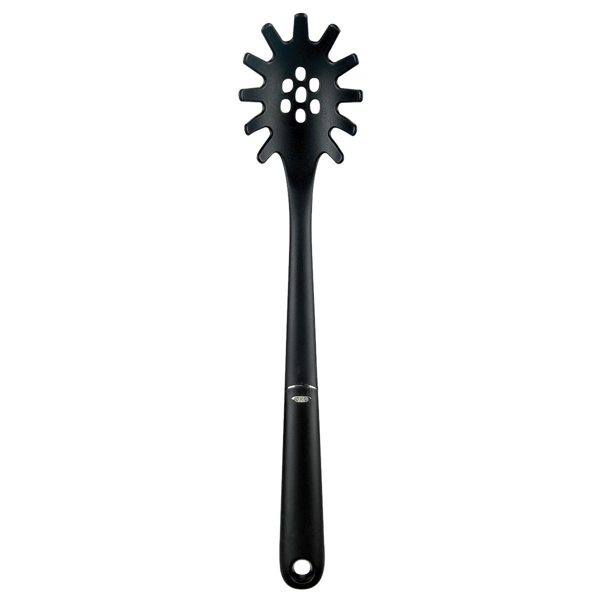 Black OXO Good Grips nylon spaghetti server.