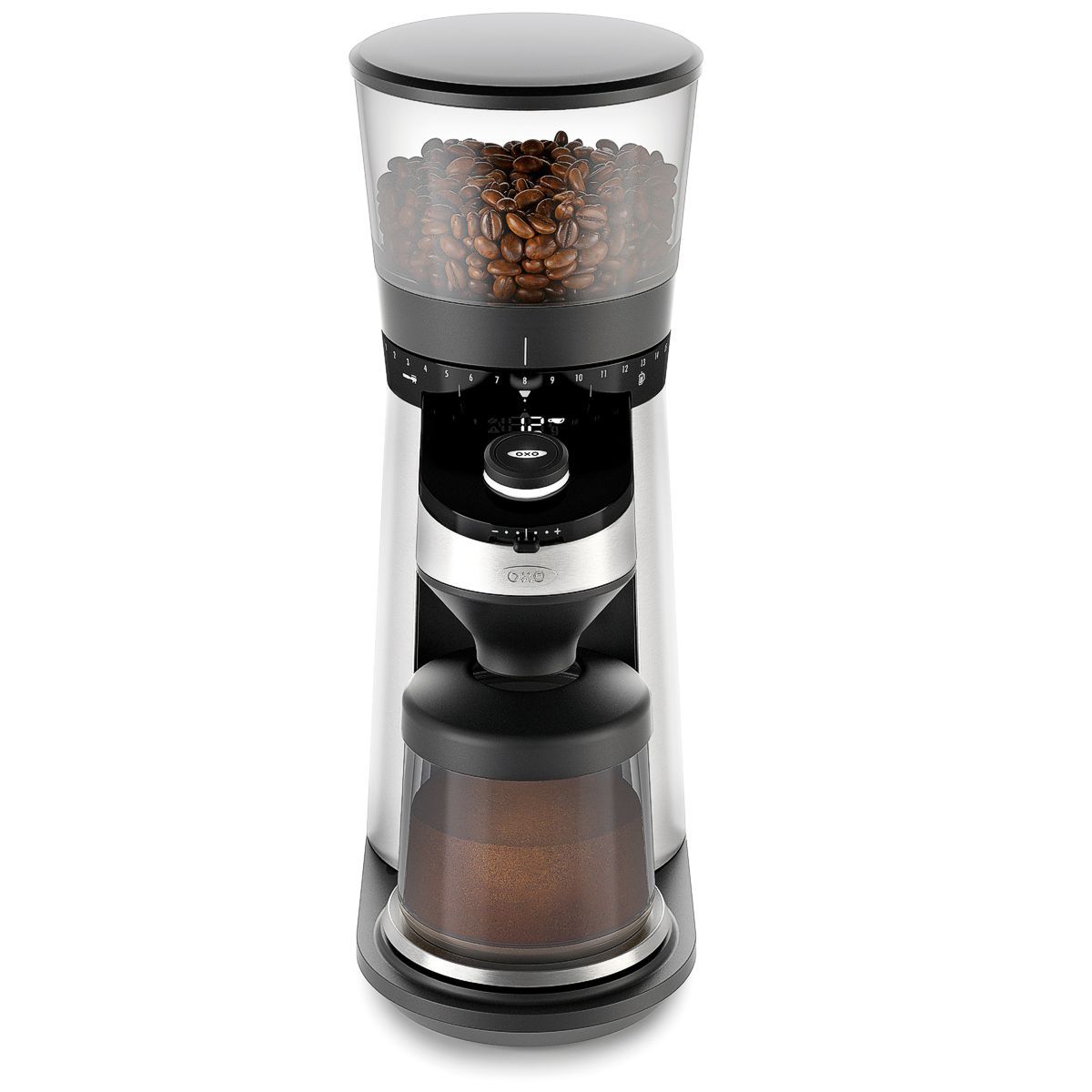 Front view, black and silver OXO ON conical burr coffee grinder with scale and UV ray hopper protection.