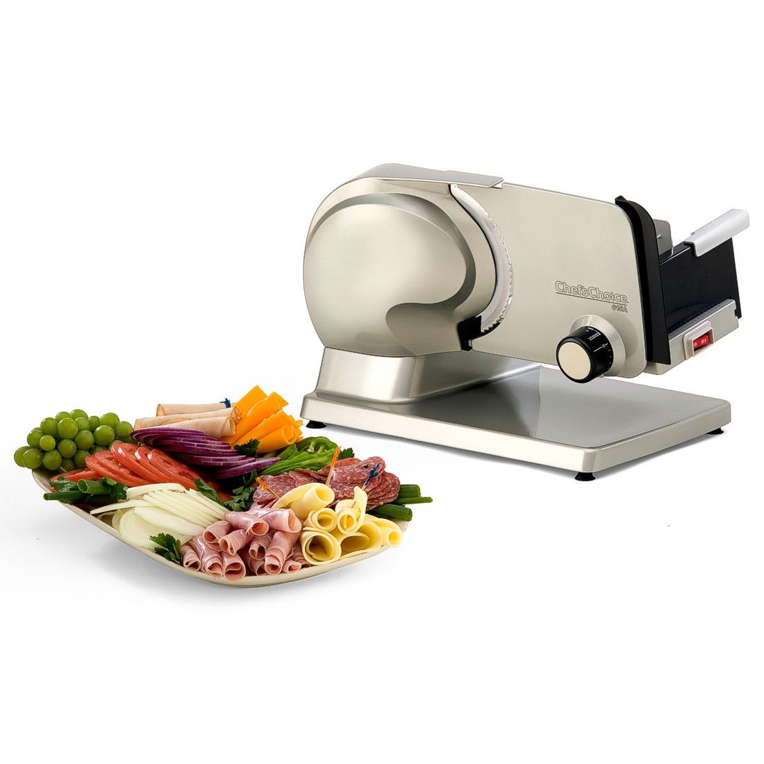 sliced meat, cheese, food on included serving tray