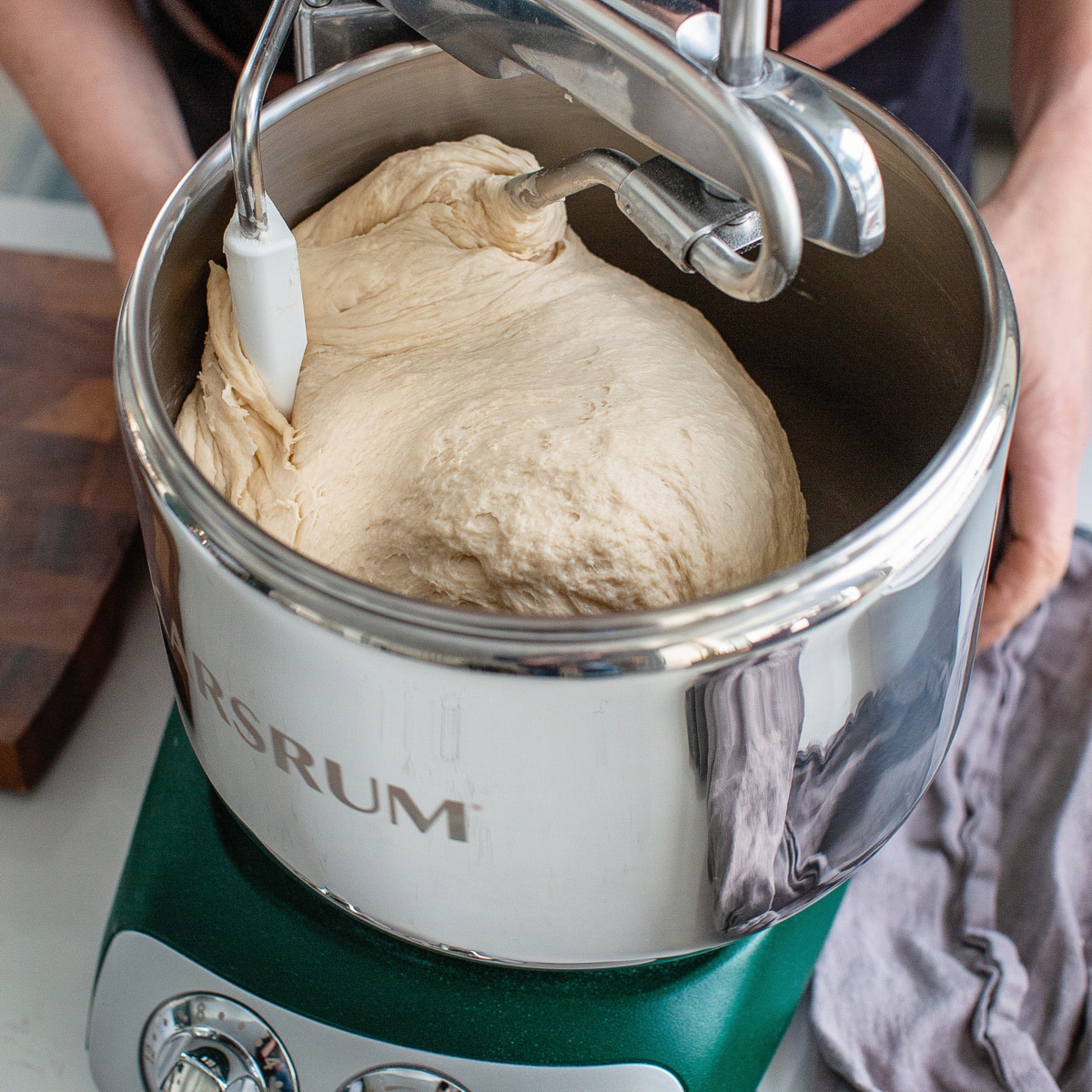 Using the dough hook and scraper in the Forest Green mixer
