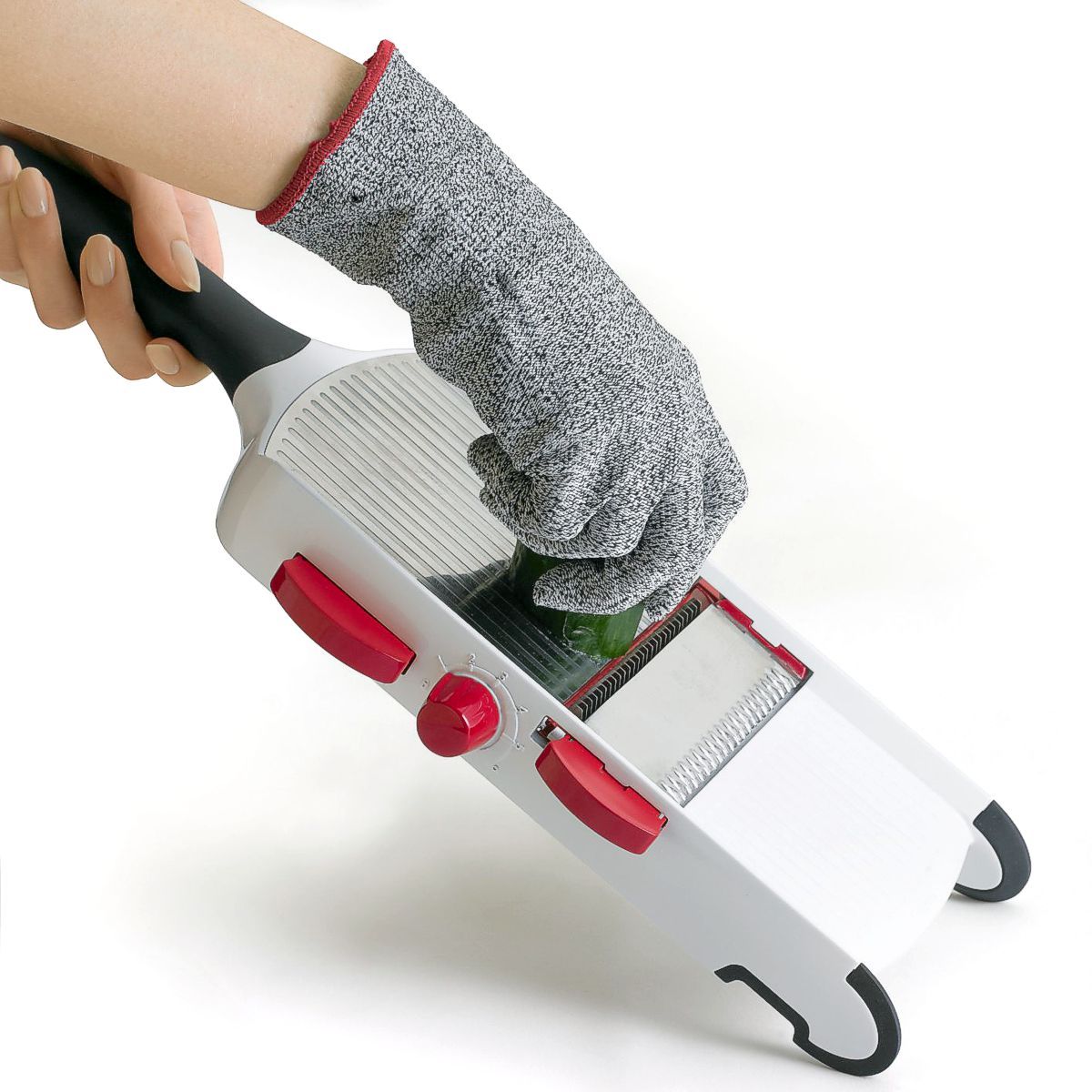 Mandoline slicing with Cuisipro cut resistant gloves.