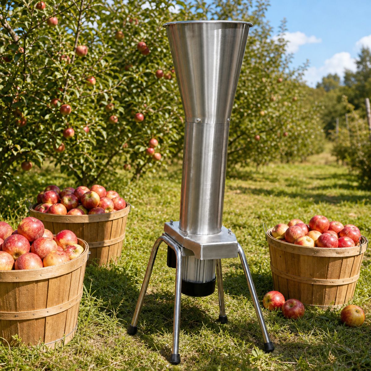 Electric apple grinder/fruit crusher outdoors in orchard