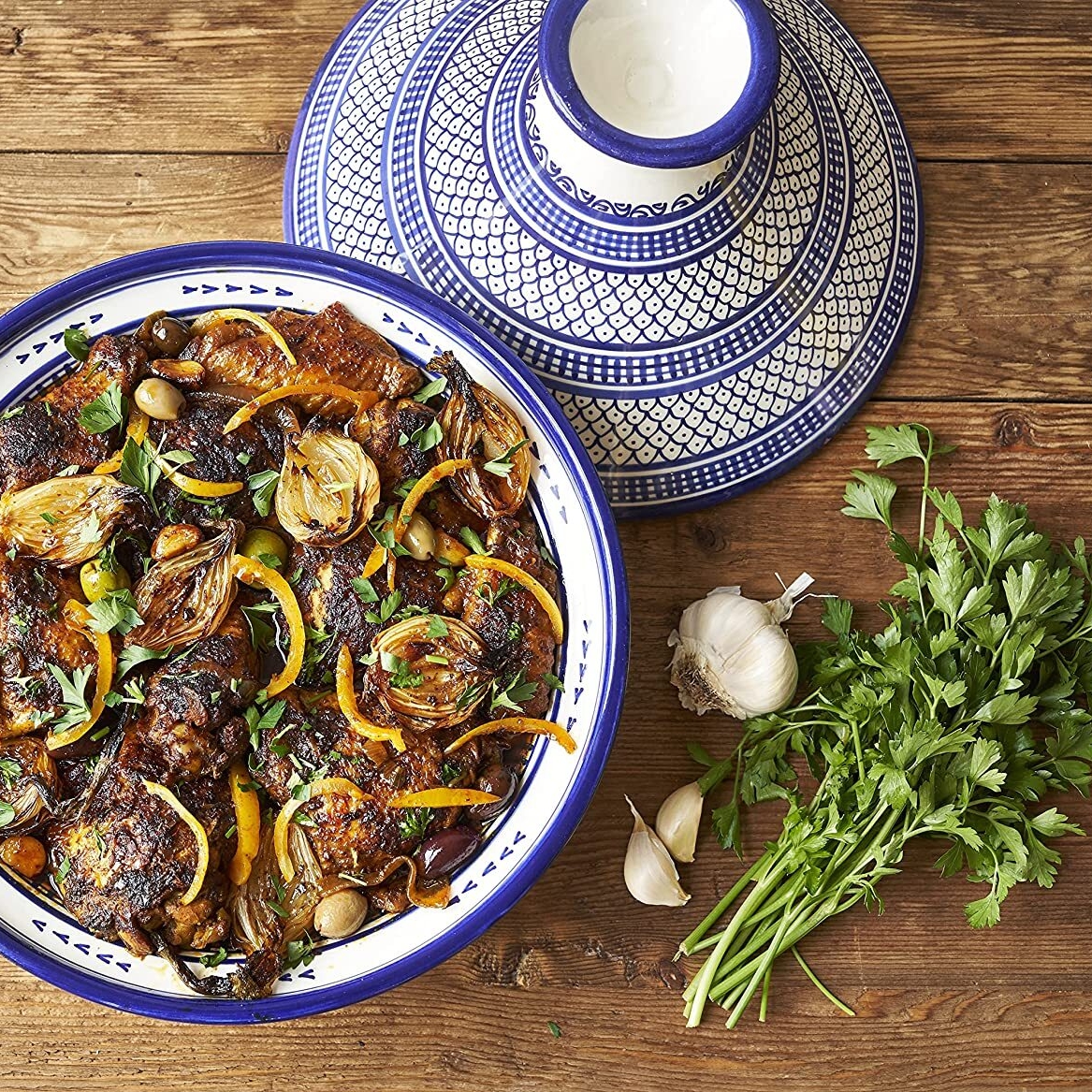 Blue and white bowl of a Middle Eastern dish