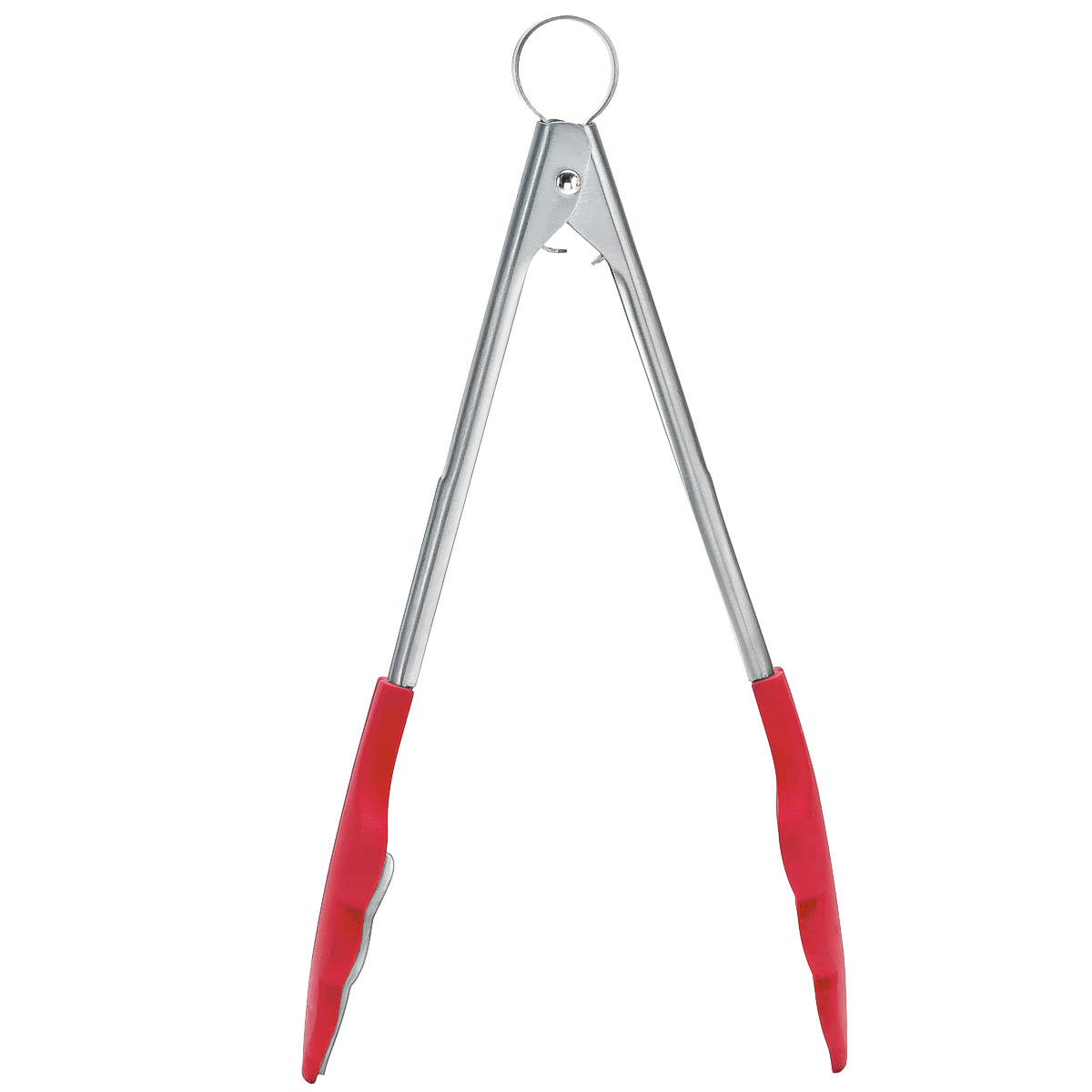 Red Cuisipro silicone locking tongs open.