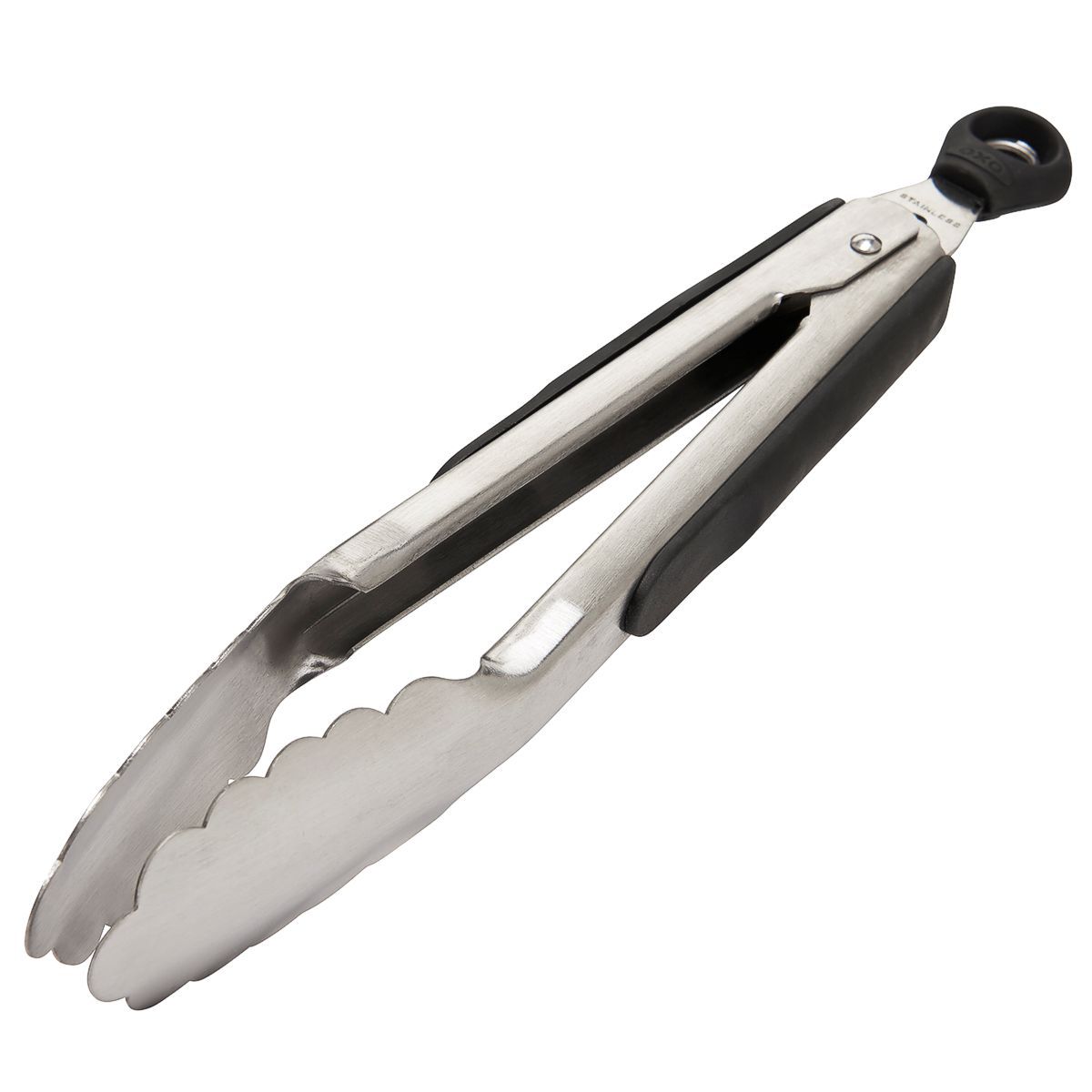 OXO Good Grips 9 inch stainless steel locking tongs in locked position.