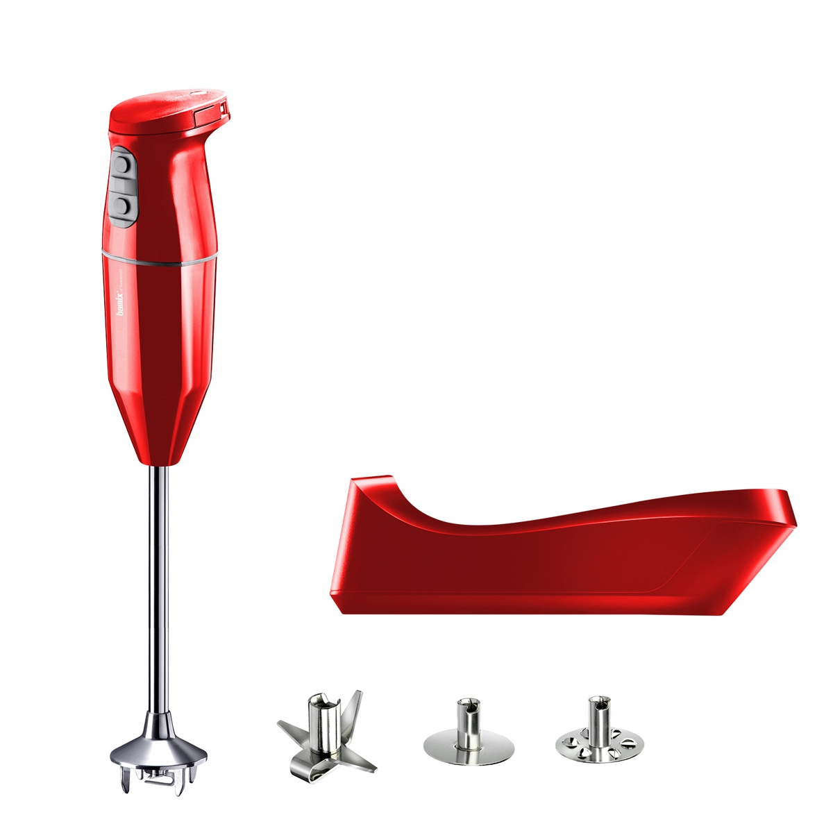 Red Bamix Cordless blender with included blades and charging station