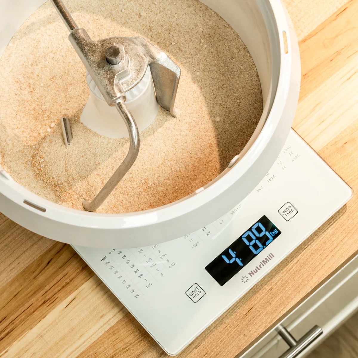nutrimill large kitchen scale shown with bosch mixer bowl on it