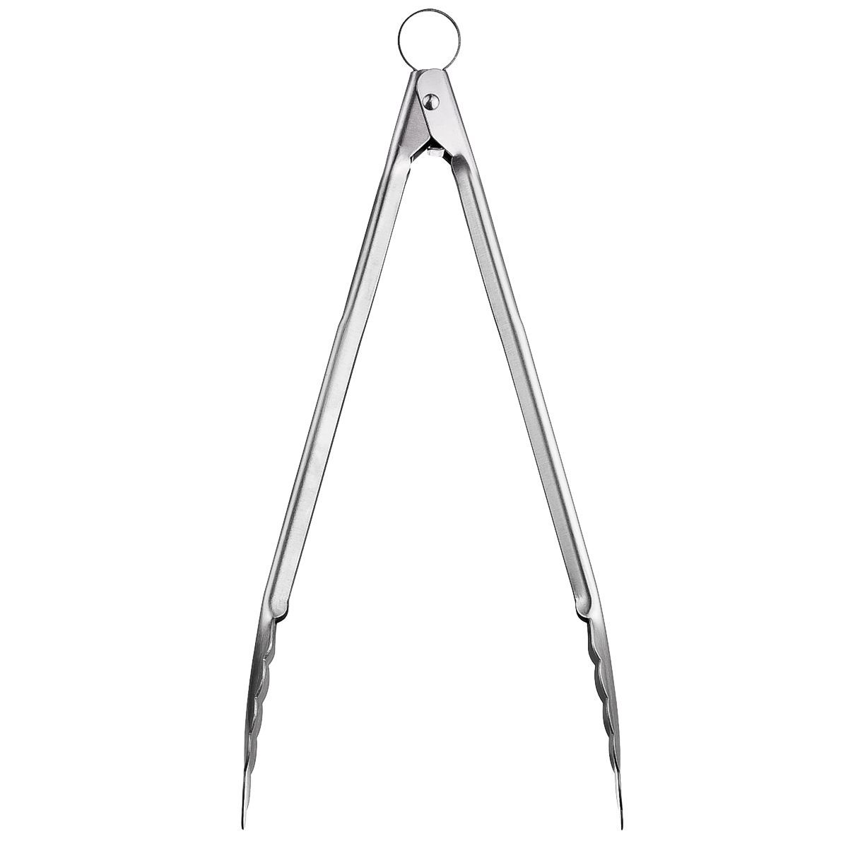 Cuisipro stainless steel locking 12 inch tongs in open position.