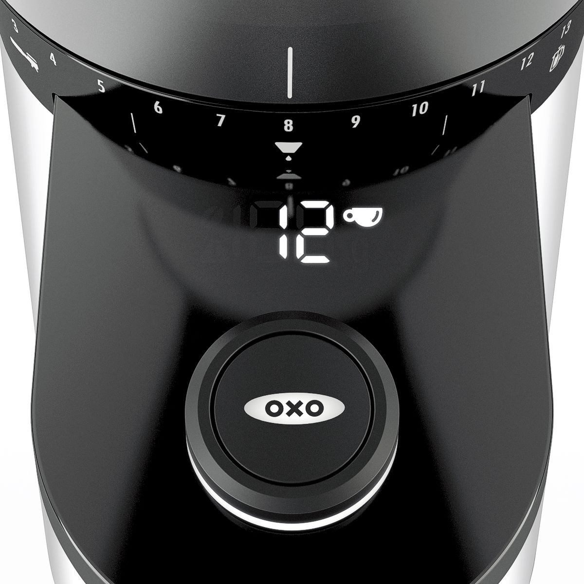 OXO ON conical burr coffee grinder digital control screen with measurement unit displays.