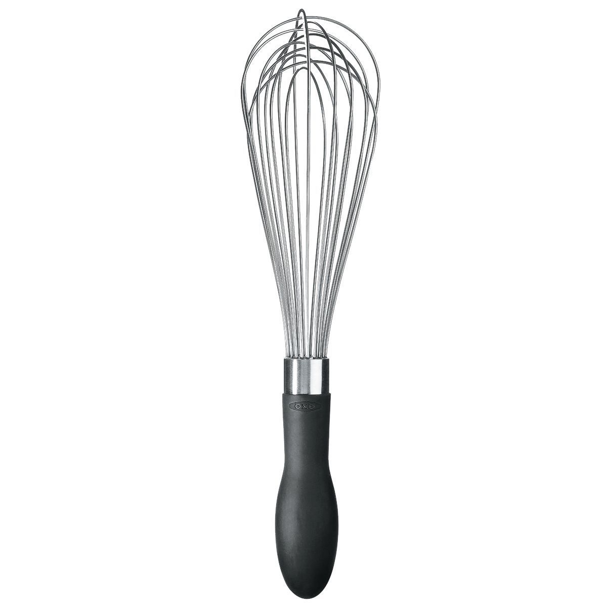OXO Good Grips stainless steel 11 inch balloon whisk with silicone handle.