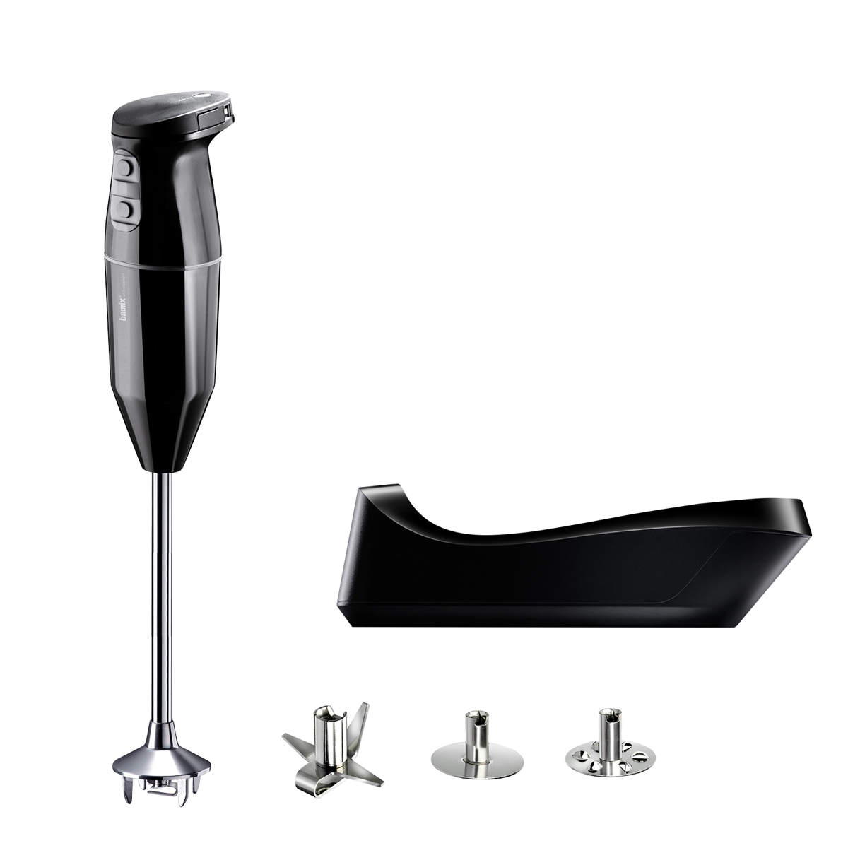 Black Bamix Cordless blender with included blades and charging station