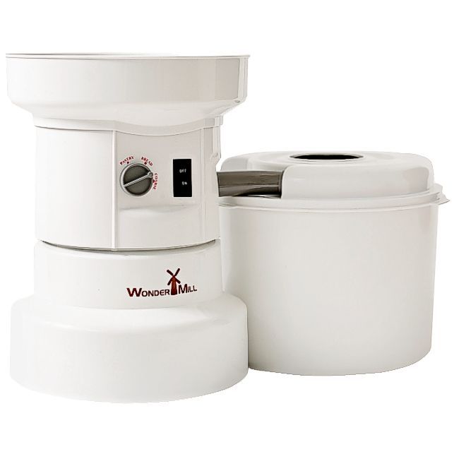 The Wondermill electric grain mill with flour bin attached.
