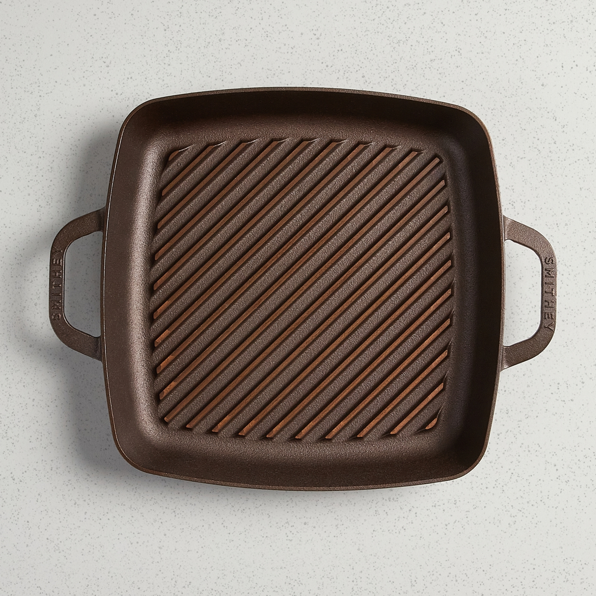 Smithey Ironware Grill Pan, 12 inch, top view, ergonomic handles
