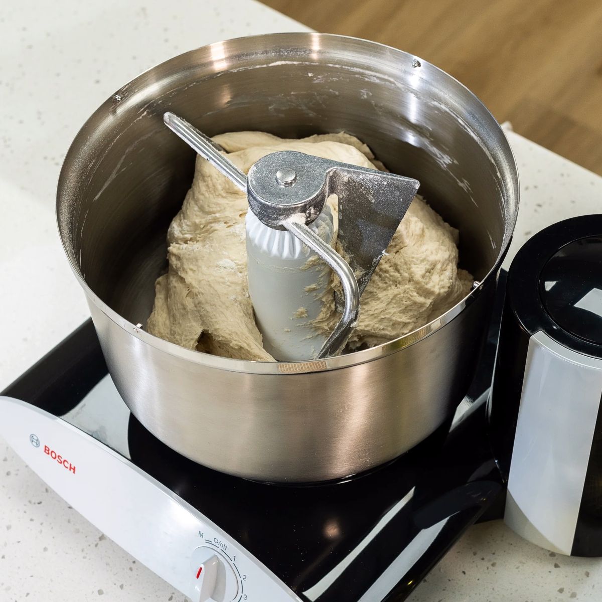 Bread dough kneading in Black Bosch Universal Plus mixer