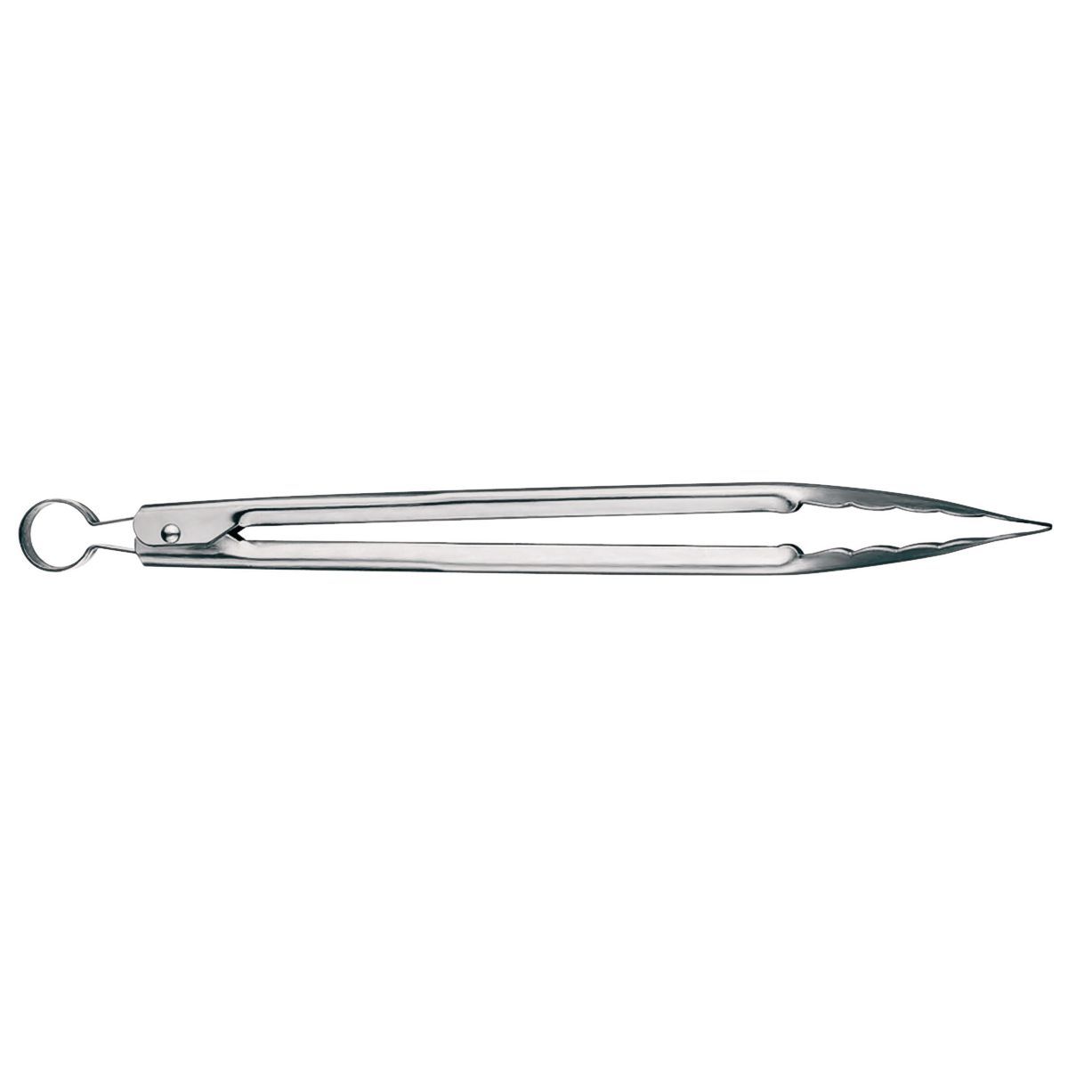 Cuisipro stainless steel locking 12 inch tongs in lock position.