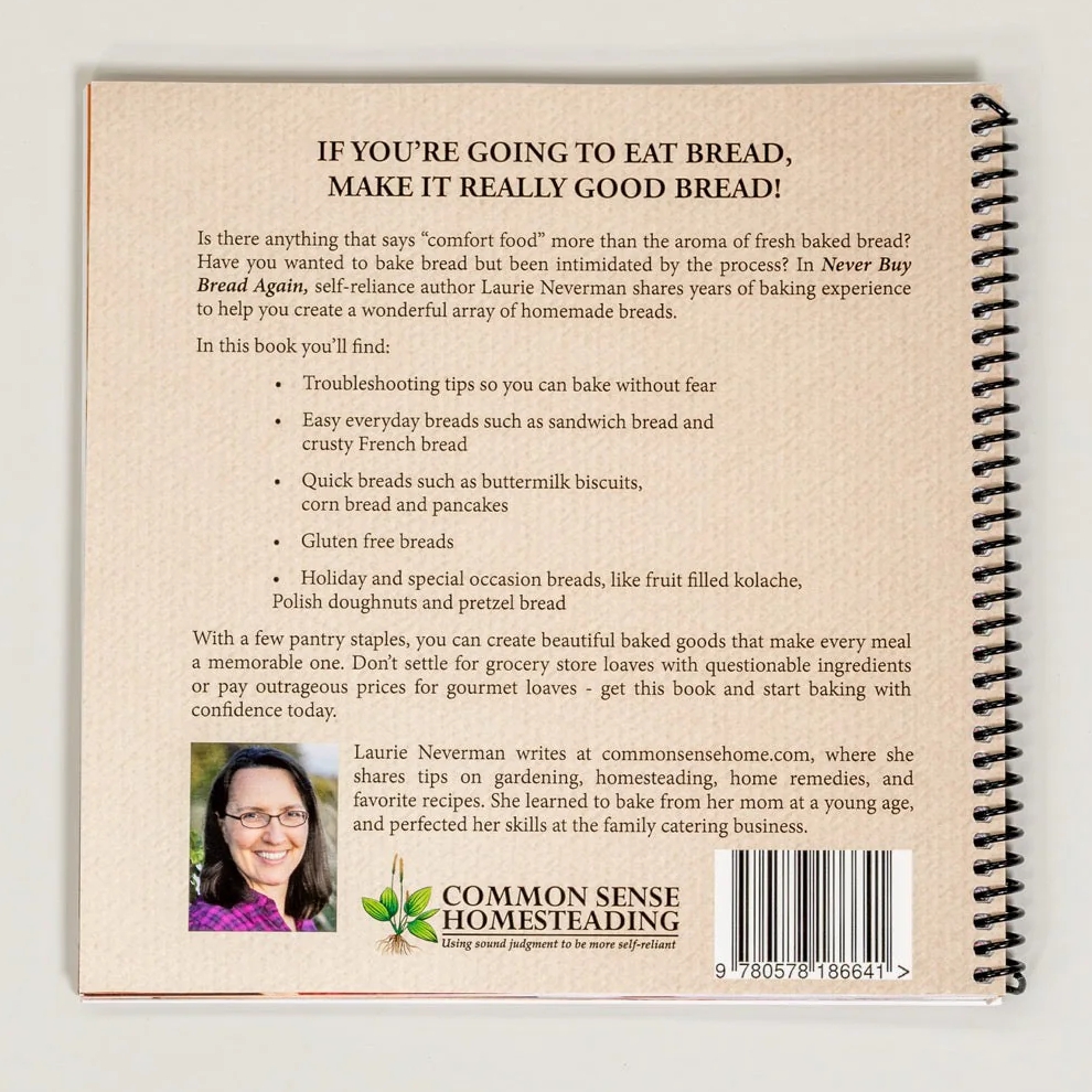Never buy bread again recipe book; back page of cover