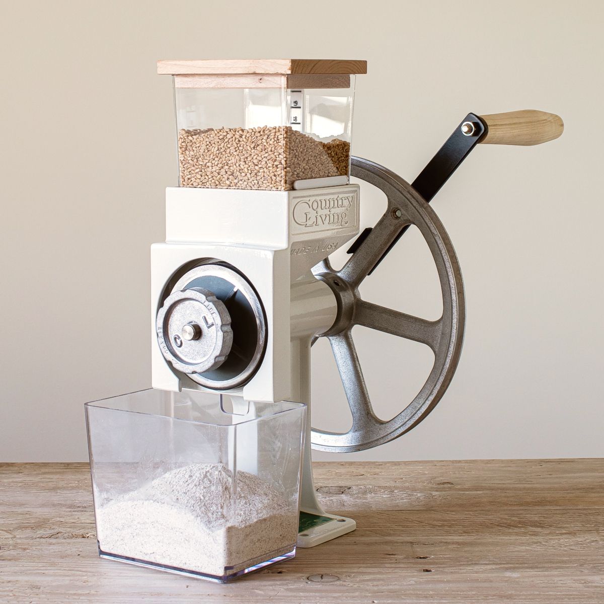 Flour bin for Country Living Mill. Optional hopper and lid, and handle extension shown.