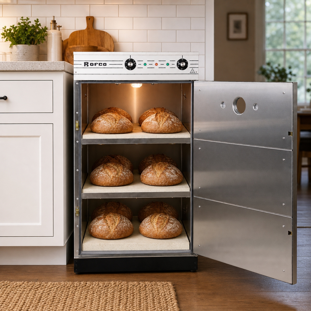 Rofco B40 brick oven in a home kitchen, filled with bread