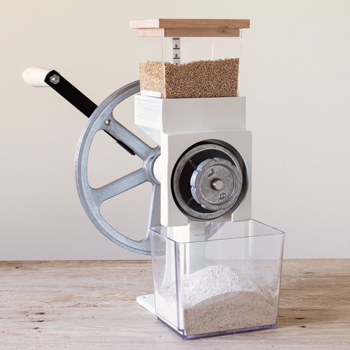 Hopper lid for CLM mill with optional hopper extension, handle extension and flour bin