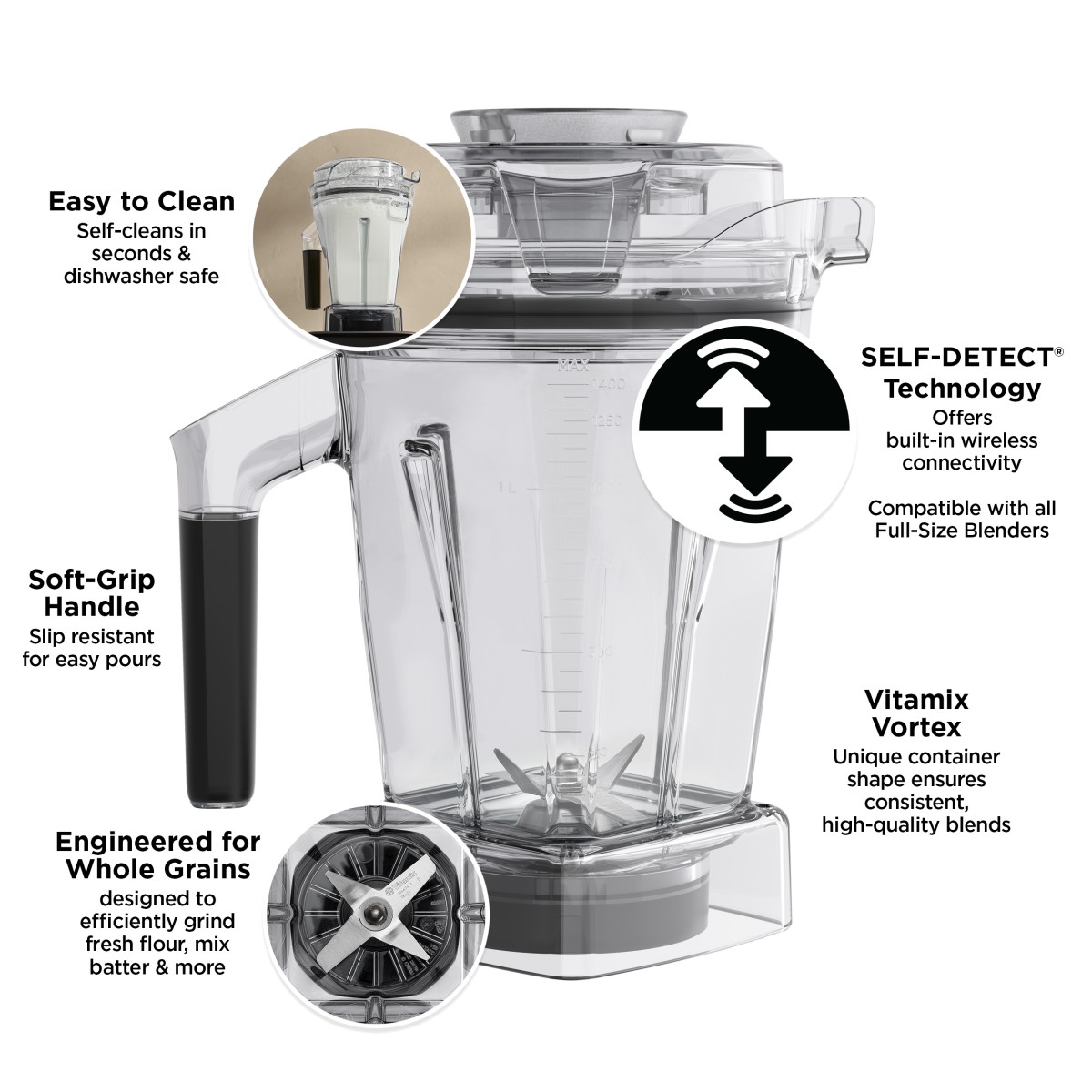 features of ascent mixer carafe: easy to clean, soft-grip handle, engineered for whole grains, self-detect tech and vitamix vortex