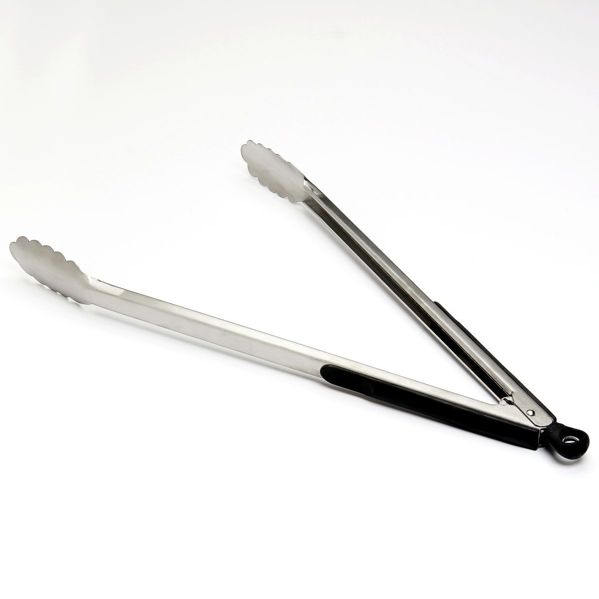 OXO Good Grips 16 inch stainless steel locking tongs with black silicone handle grips.