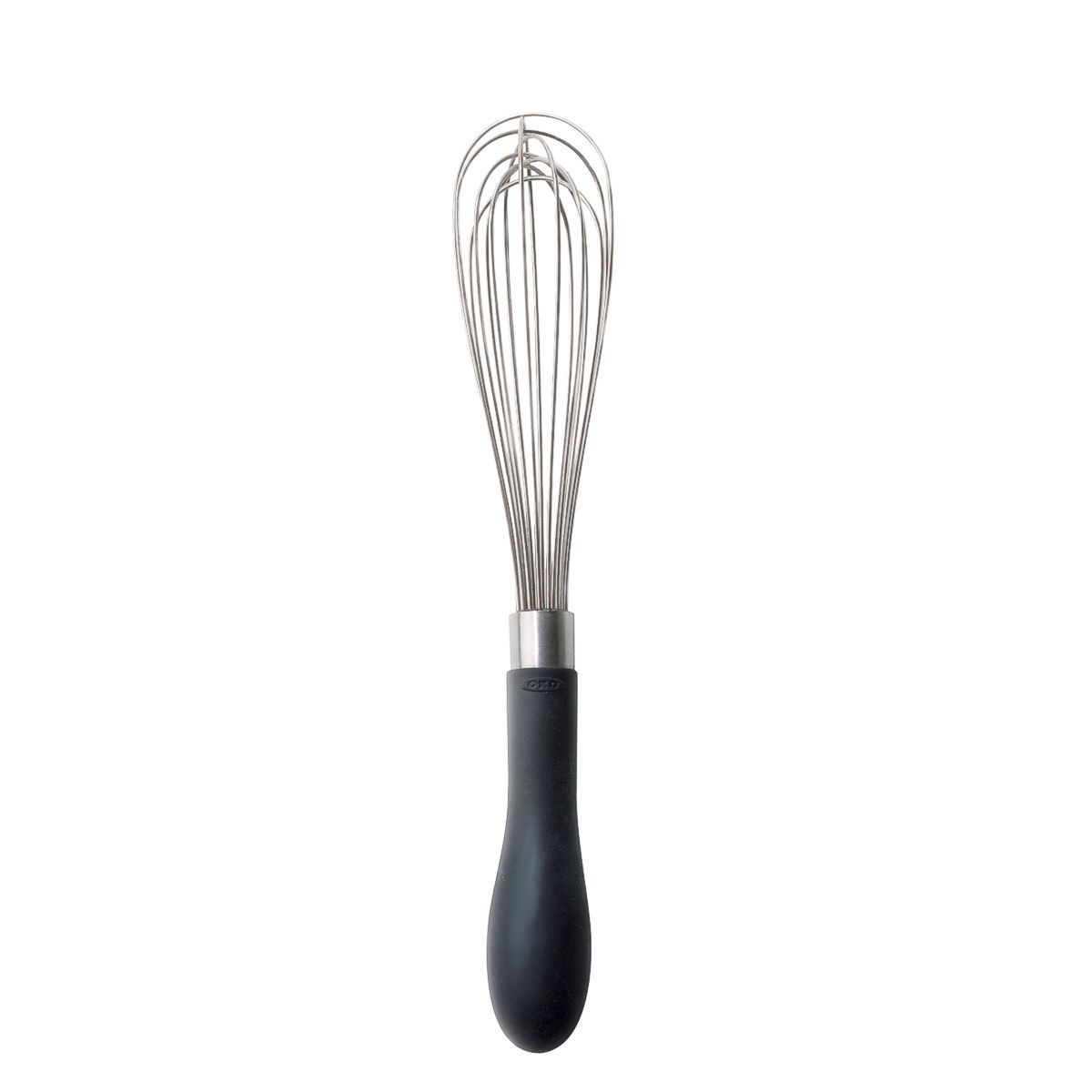 OXO Good Grips 9 inch stainless steel whisk with silicone handle.