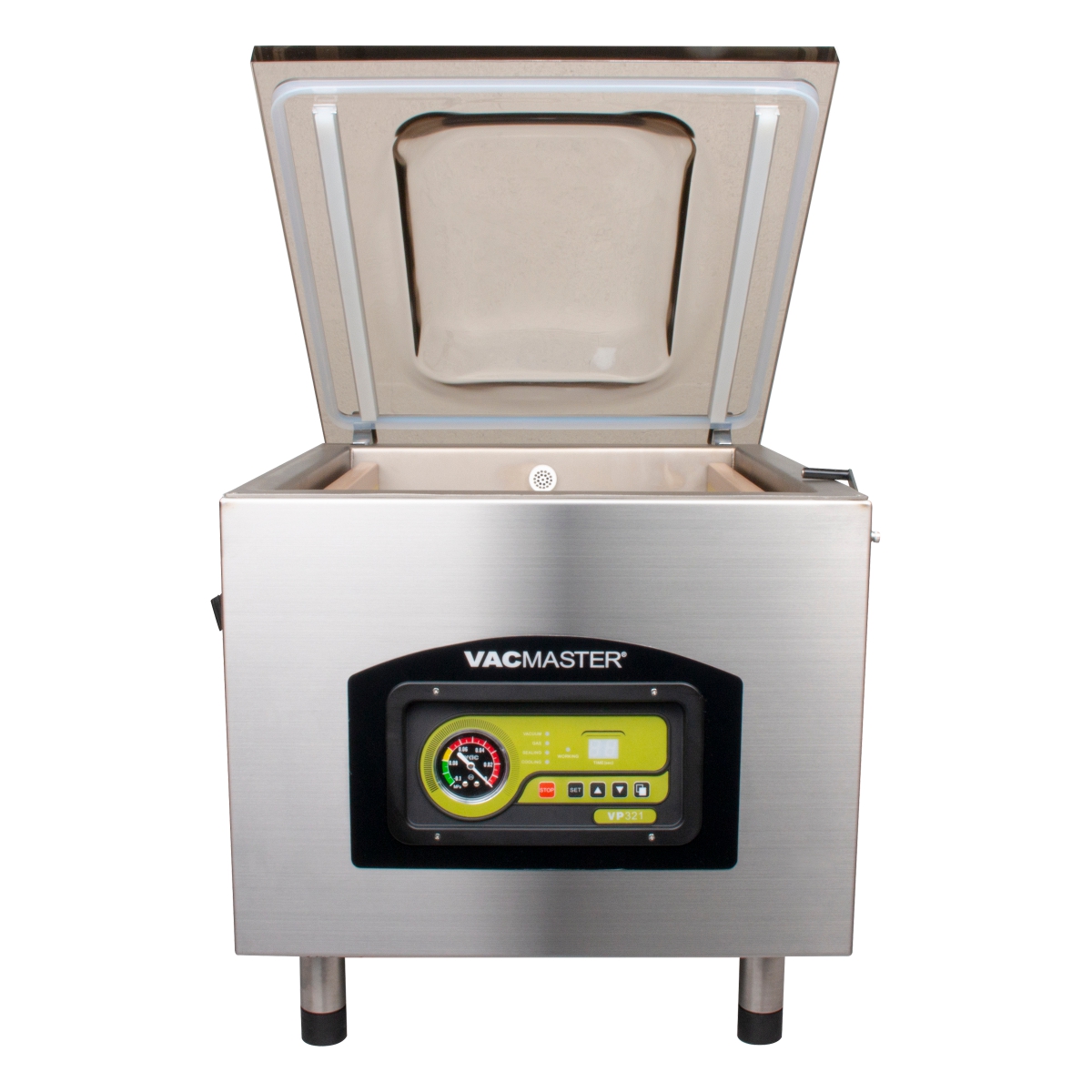The Vacmaster 321 commercial vacuum sealer, lid open. 