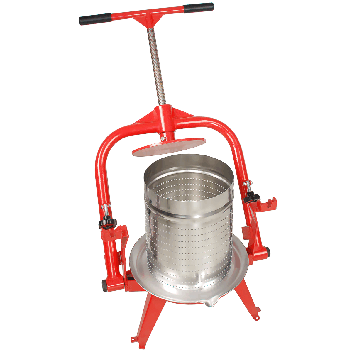 macintosh 4 gallon fruit press stainless basket tilted open 1200 1 1