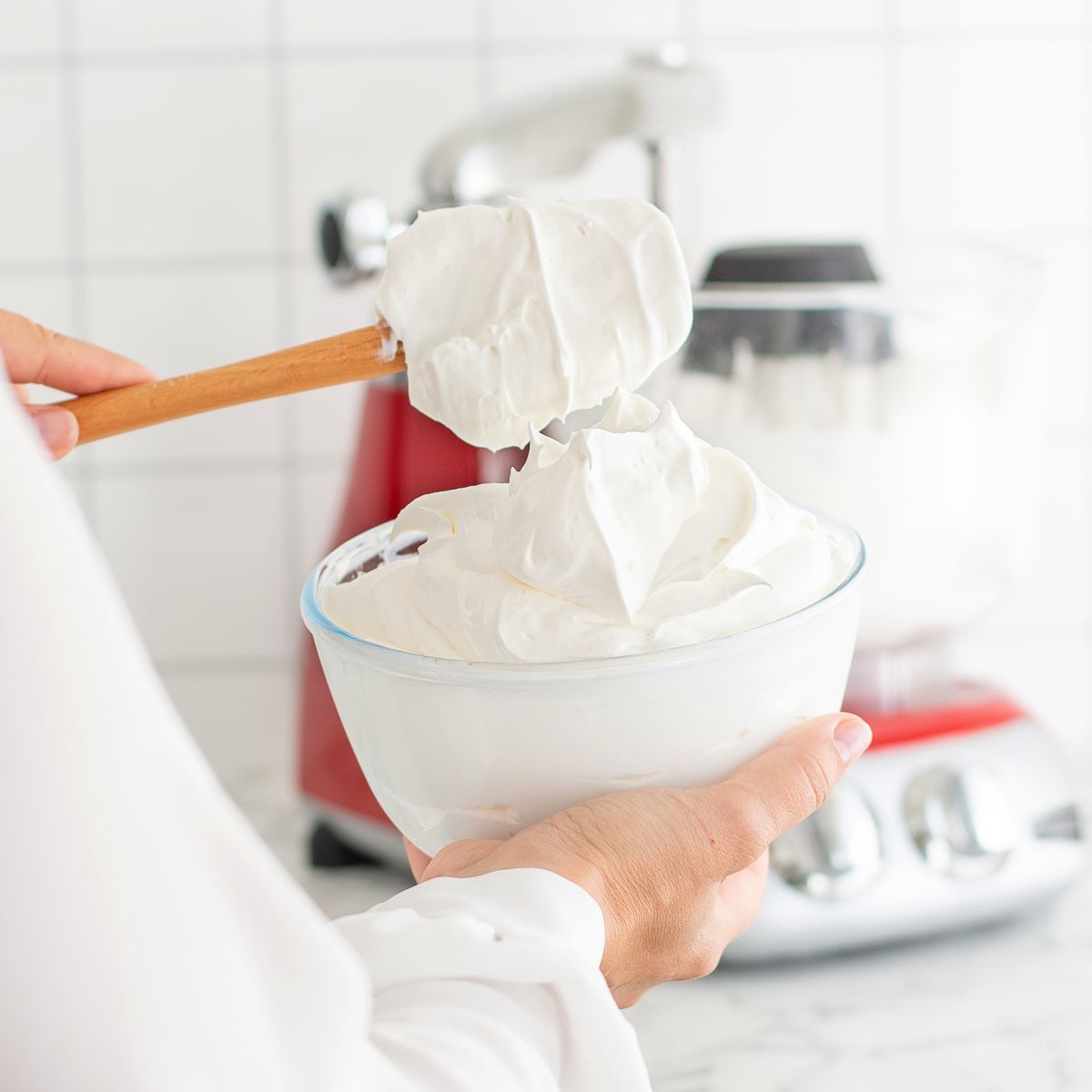 Whipped cream made in the Ankarsrum double beater bowl