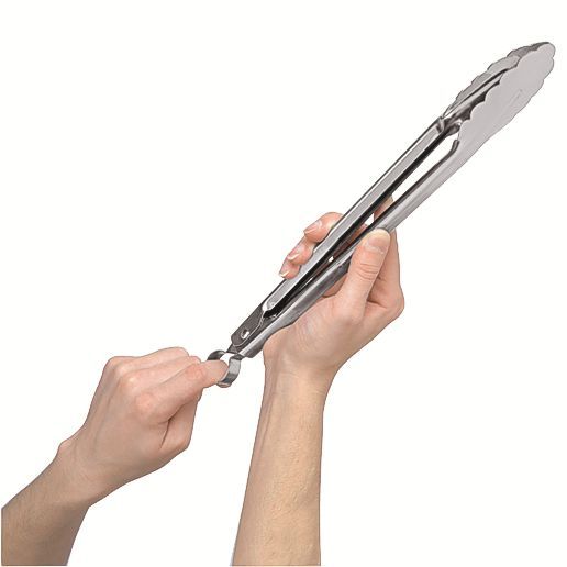 Cuisipro stainless steel locking 12 inch tongs pulled into lock position.