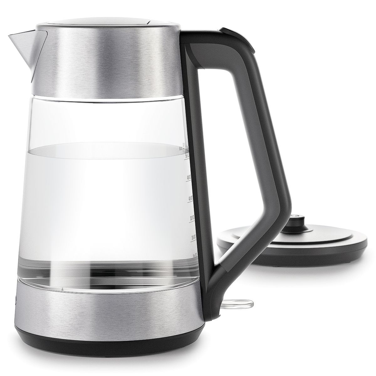 OXO ON cordless glass electric kettle off electric base.