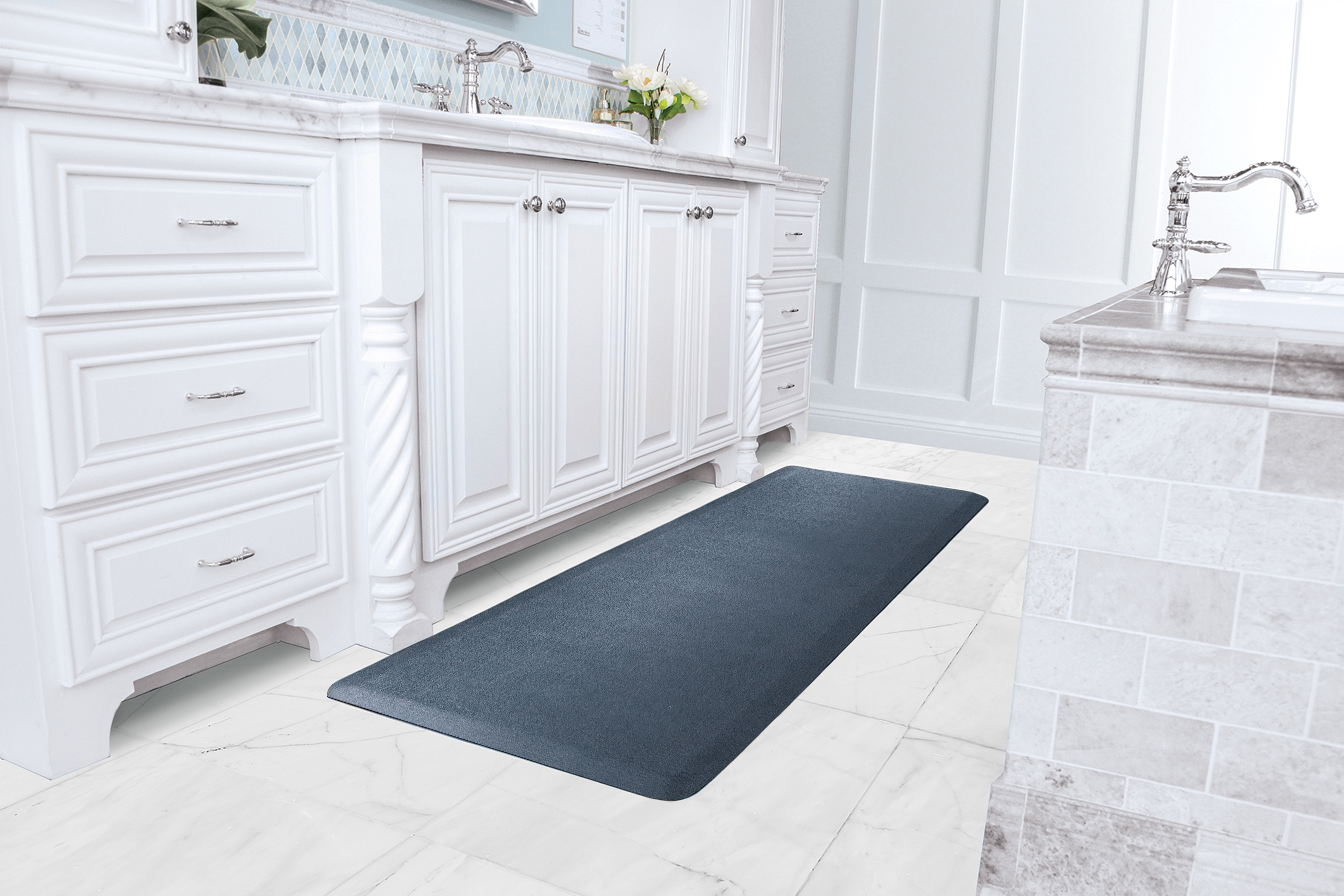lagoon runner wellness mat shown in front of white bathroom vanity