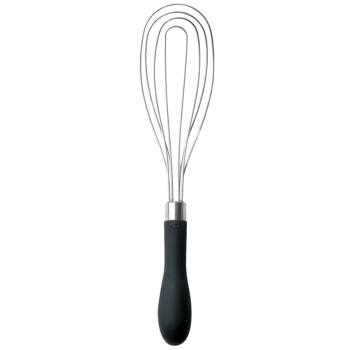 OXO Good Grips flat whisk with black silicone.