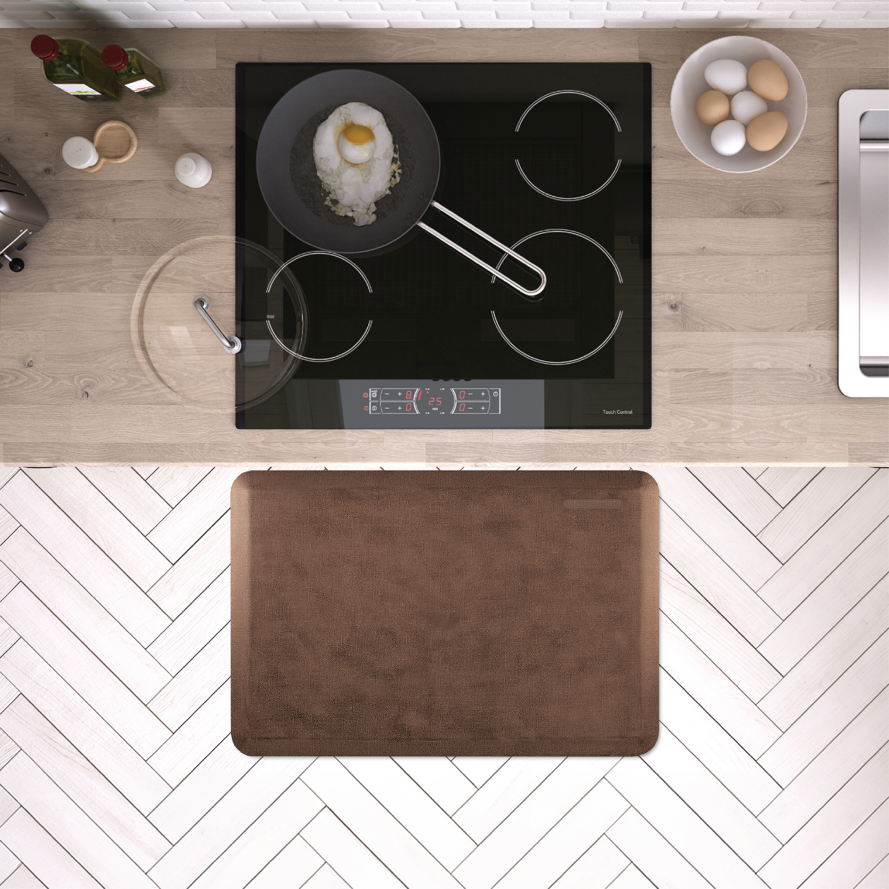 linen light antique wellness mat shown on kitchen tiled floor