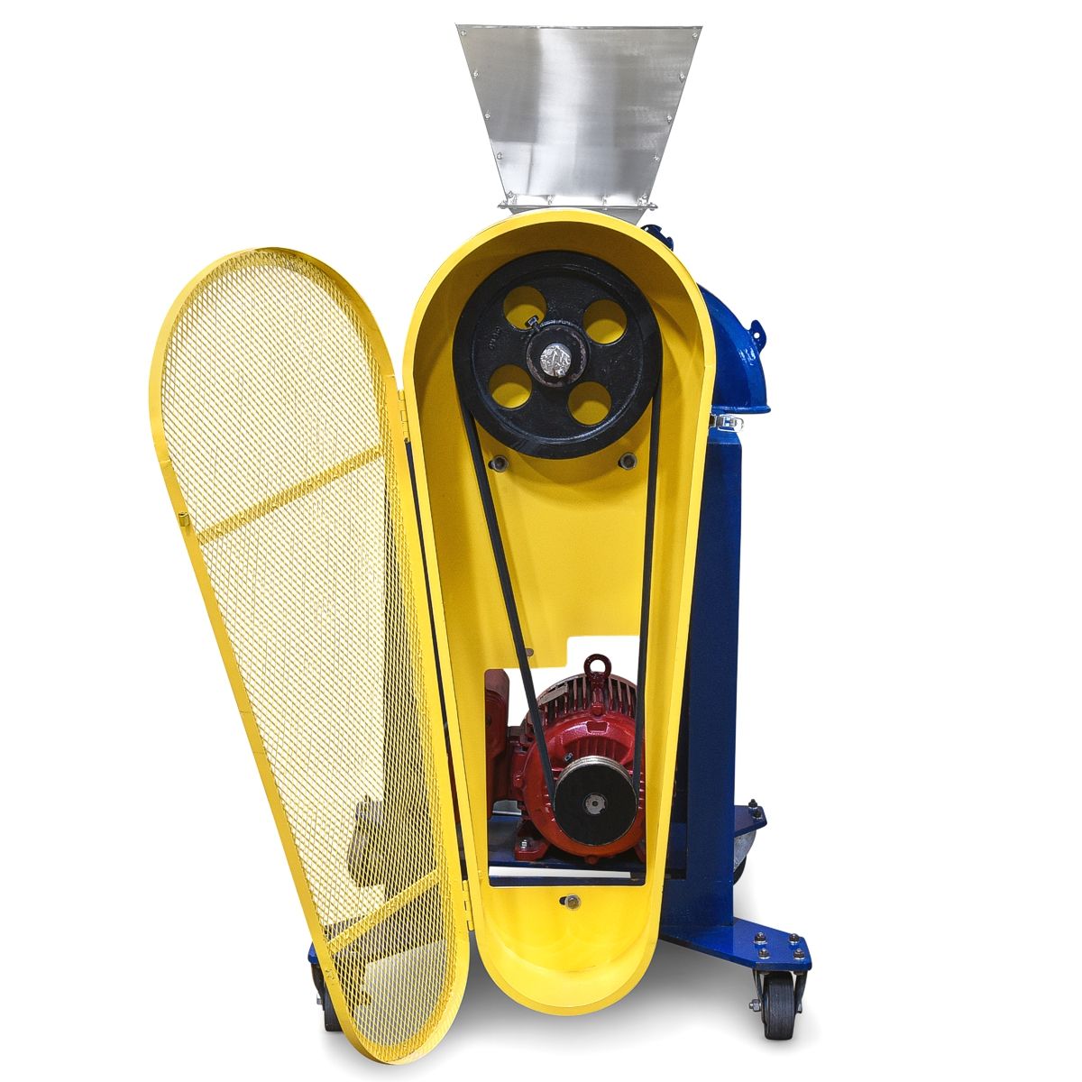 Motor belt drive shown with belt guard open