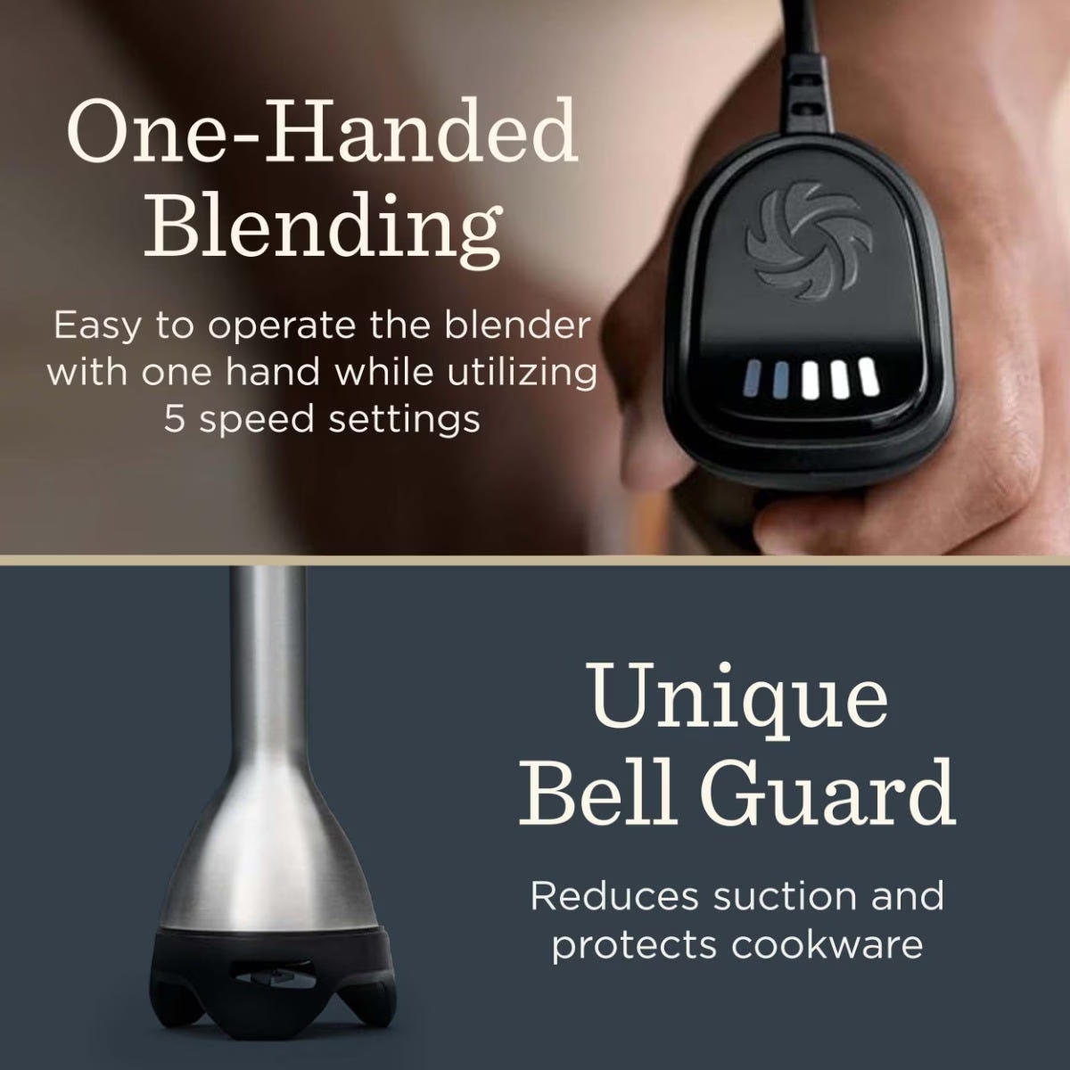 Vitamix immersion blender features one- handed blending and unique bell guard