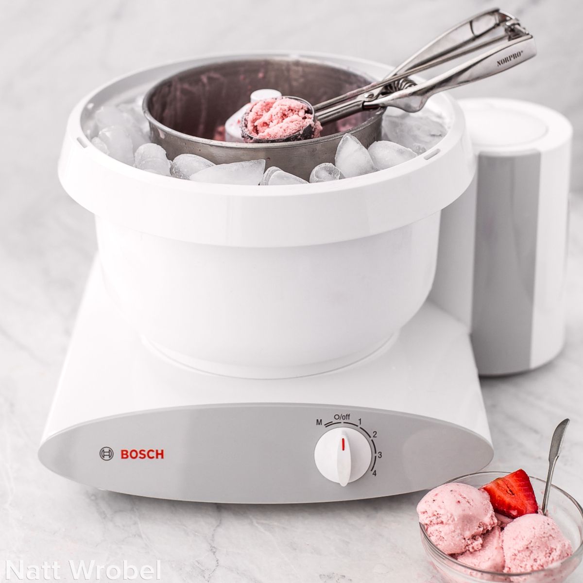 Ice cream maker attachment in Bosch Universal Plus mixer bowl