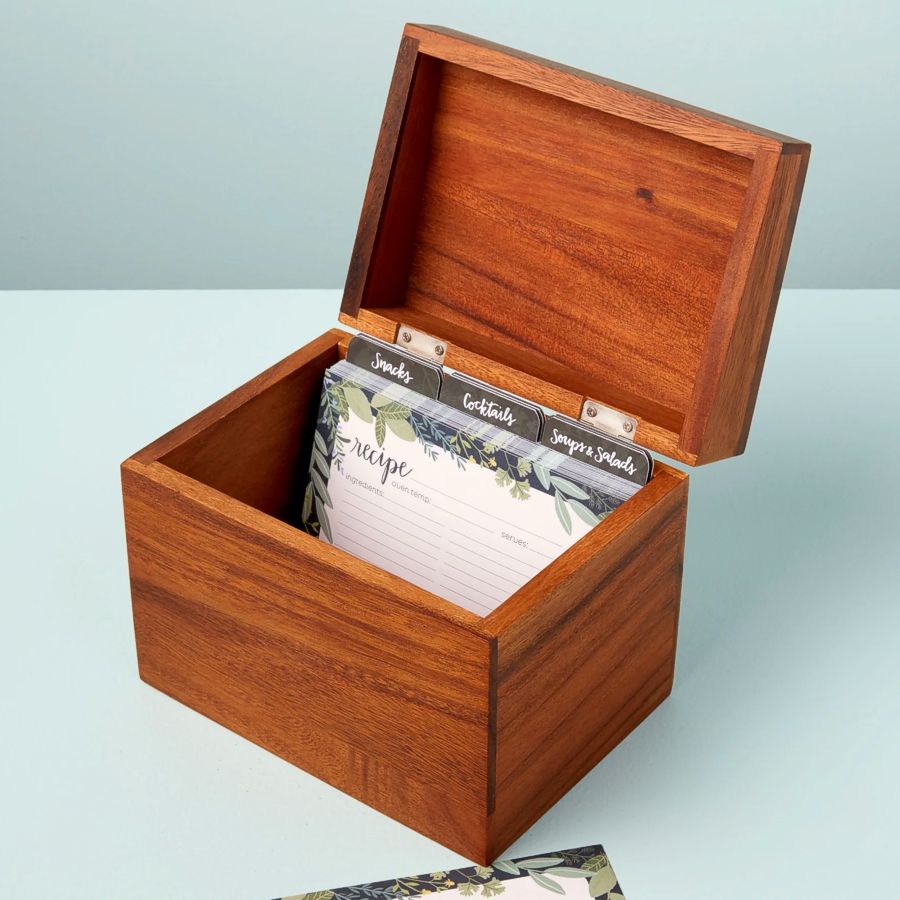 Acacia wood recipe box with cards