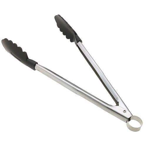 Black Cuisipro silicone locking tongs open.