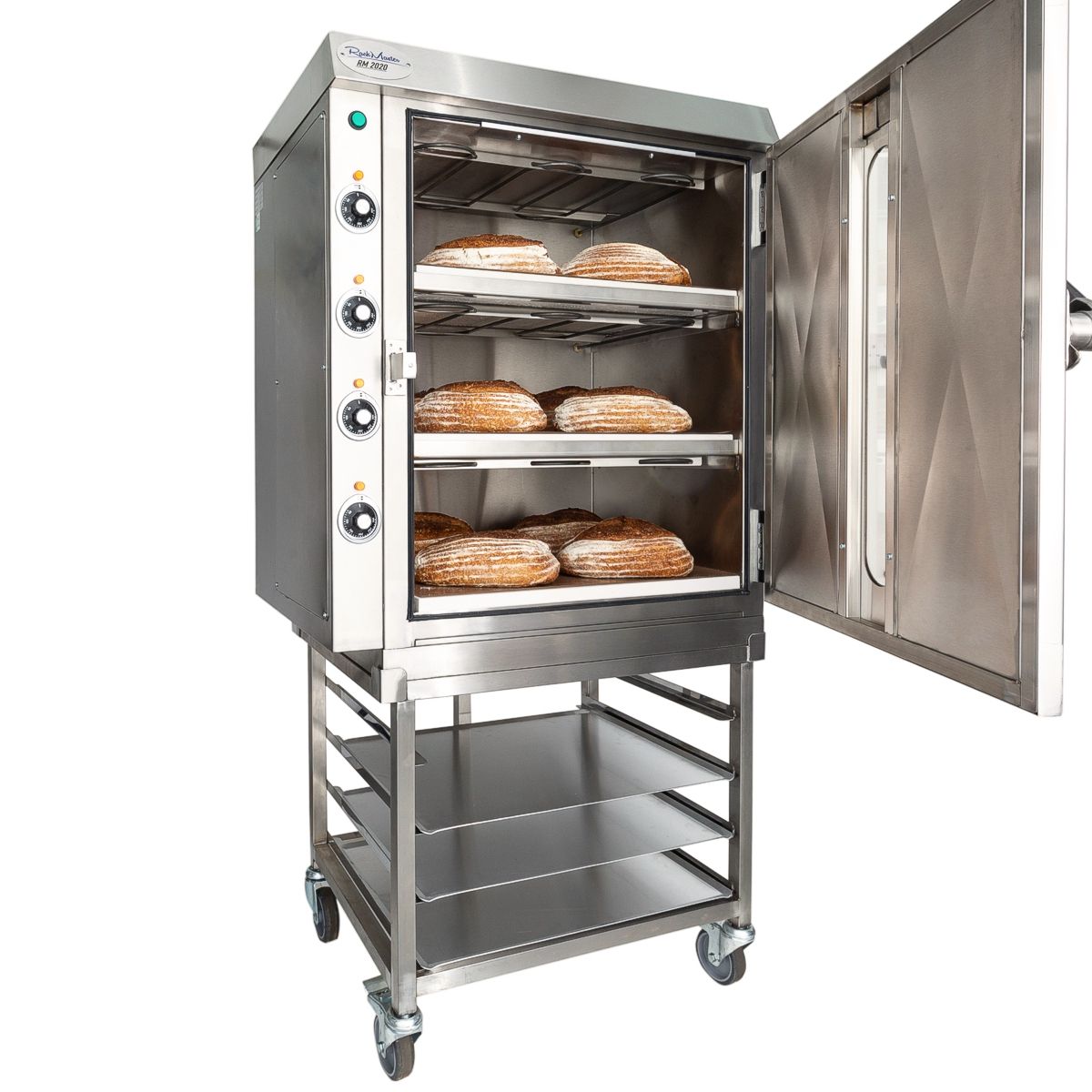 Durable stainless steel cart for RackMaster oven