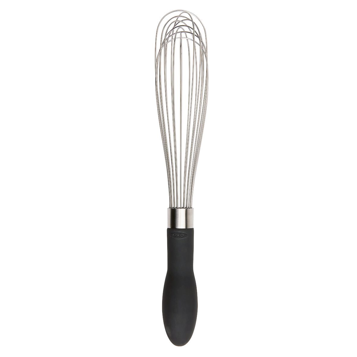 OXO Good Grips 11 inch stainless steel whisk with silicone handle.