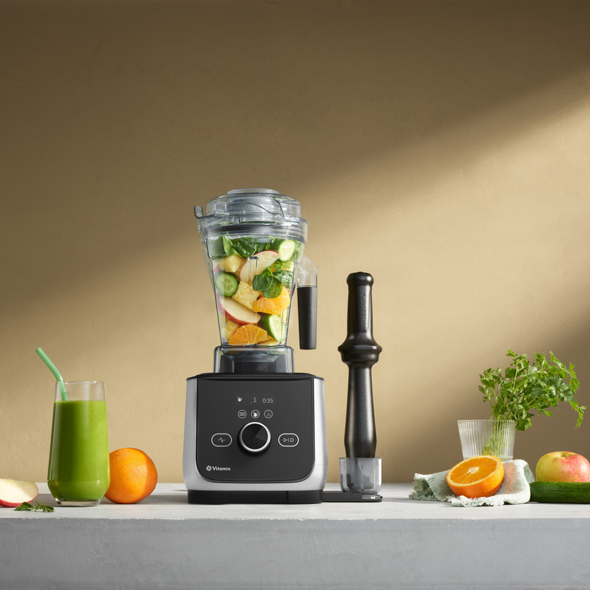 ascent x4 blender staged with vegetable smoothie